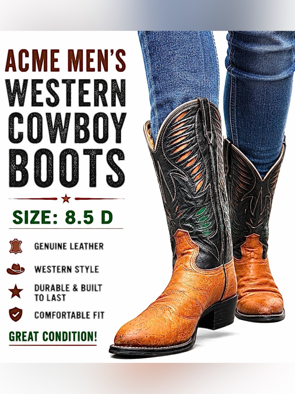 Acme Men’s Western Cowboy Boots Cognac Brown Leather Pointed Toe 8.5 D USA
